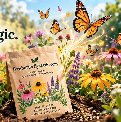 Monarch butterflies floating over a native flower garden and a hand-crafted seed packet